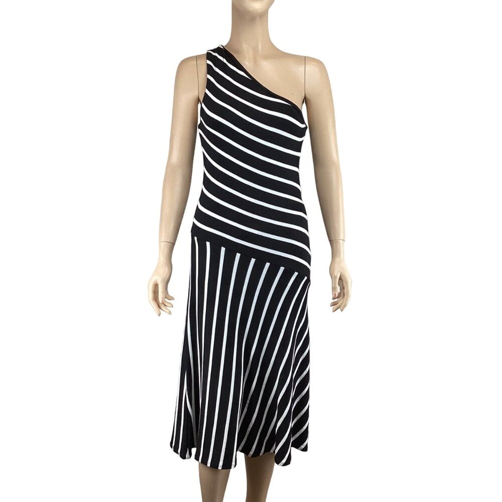 Lauren Ralph Lauren Dress Size Small Asymmetrical Black & White One-Shoulder - Picture 2 of 10